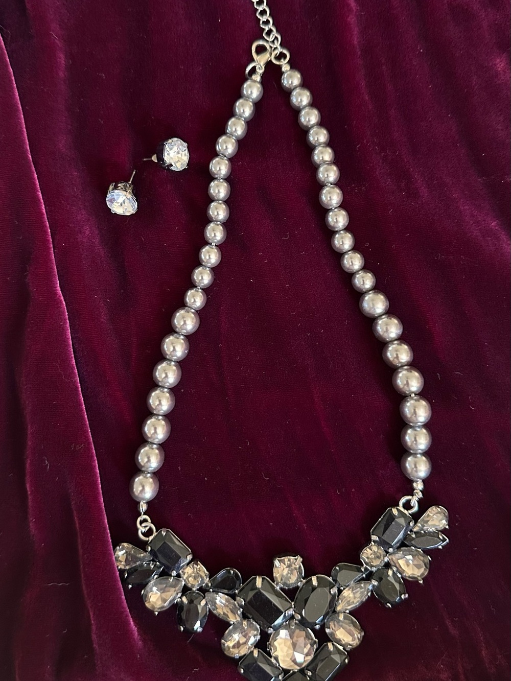 Statement Pearl and Crystal Necklace with Earrings - Gray